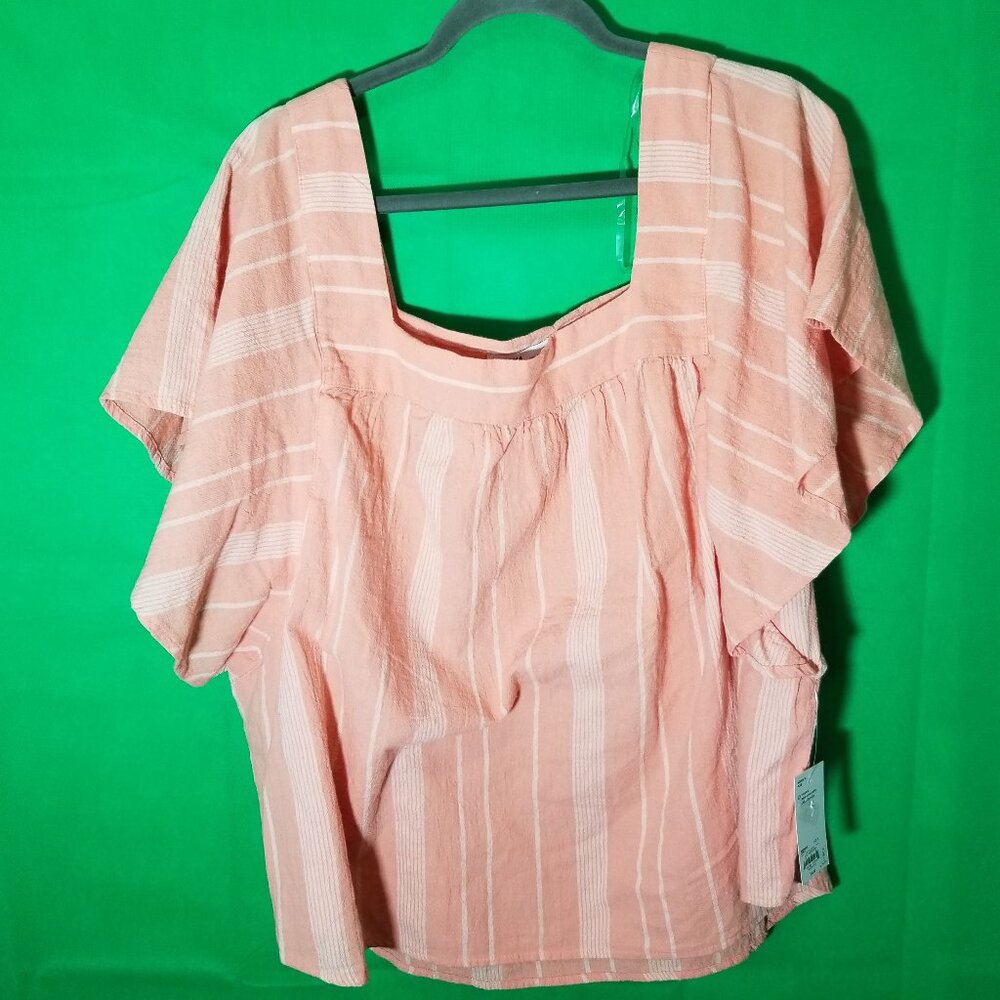 Sonoma Woman Plus Size 2X Peach White Striped Flutter Sleeve Square Neck Blouse‎